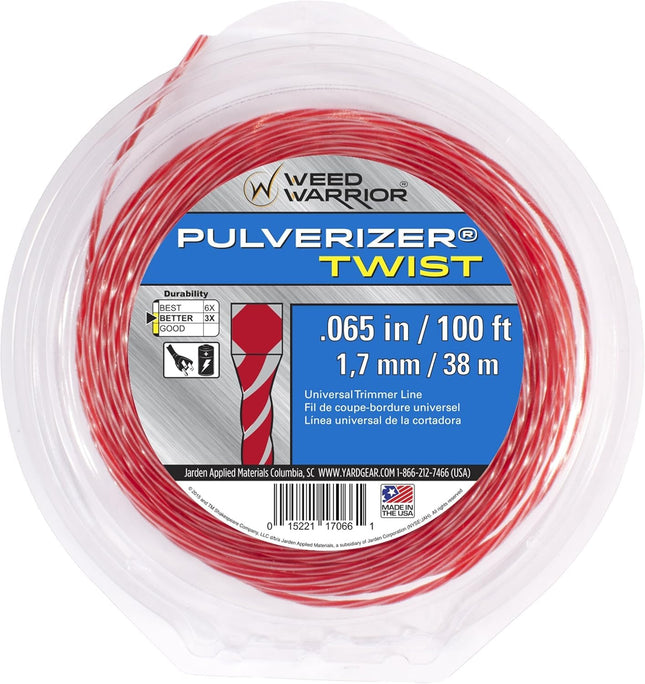 Weed Warrior Pulverizer Twist Universal Trimmer Line, 0.065" Diameter X 100', Red Core/Silver Tips