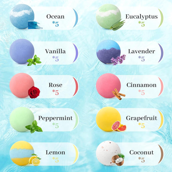 Bath Bombs Set with 10 Rich Scents, 50 PCS Bath Bombs for Women, Natural Bubble Bombs with Shea Butter & Safe Oil, Ideal for Christmas, Birthday,