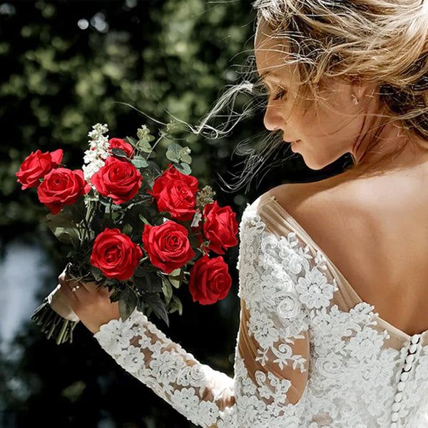 Hawesome 12PCS Artificial Silk Flowers Realistic Roses Bouquet Long Stem for Home Wedding Decoration Party (Red, 6 Flowers 6 Buds) Red 6 Flowers 6