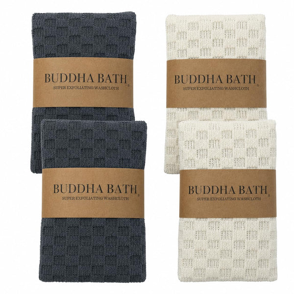 Extra Long Exfoliating Shower Towel Washcloth (Medium Exfoliate) - Dark Gray, Bone - (4 Count) Dark Gray, Bone Medium Exfoliate