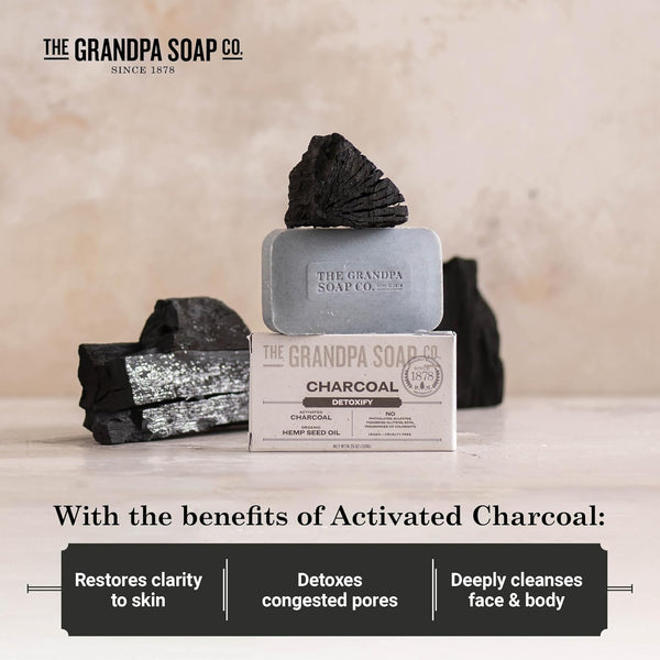 The Grandpa Soap Company Charcoal Bar Soap - With Activated Charcoal Hemp Seed and Mint Oil, Detoxifies, Draws Out Dirt and Toxins, Clear