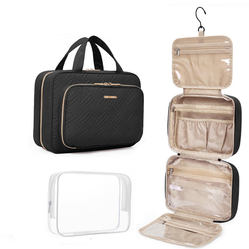 BAGSMART Toiletry Bag Hanging Travel Makeup Organizer with TSA Approved Transparent Cosmetic Bag Makeup Bag for Full Sized Toiletries, Large-Blck