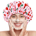 Shower Cap for Women Terry Lined Bath Cap Large Reusable Waterproof Elastic Band Pink Cherry Shower Caps for Long Thick Hair Soft Bath Shower Hair