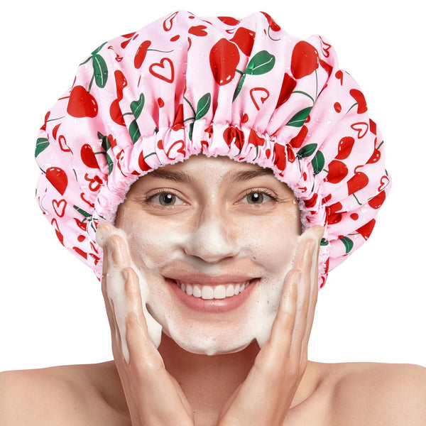 Shower Cap for Women Terry Lined Bath Cap Large Reusable Waterproof Elastic Band Pink Cherry Shower Caps for Long Thick Hair Soft Bath Shower Hair