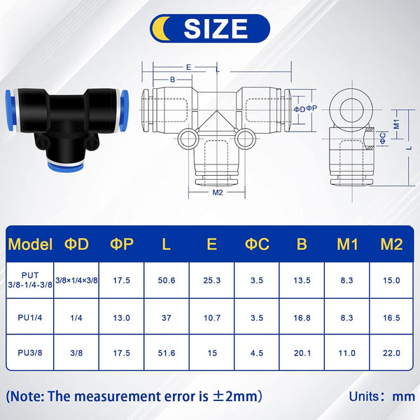 Push to Connect Fittings 3/8" X 1/4" X 3/8" OD Reducing Tee- 6 PCS 3/8" X 1/4" OD Quick Connect Air Hose Fittings - Reducing Straight Union