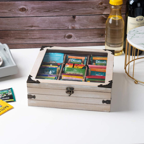 Gray 9 Compartment Rustic Tea Box Organizer for Tea Bags Coffee Pod | 9 compartment rustic gray tea box organizer holds tea bags coffee pods