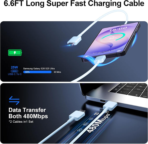 Super Fast Charger Type C, 25W USB C Wall Charger Fast Charging 6.6FT Cable Blue 6.6FT
