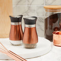 Juvale Stainless Steel Copper Salt and Pepper Shakers Set with Glass Bottom, Screw-Off Caps, Perforated "S" and "P" Designs for Kitchen, 2.5 x 2.5