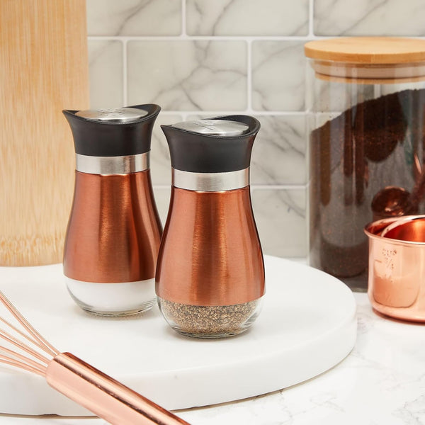 Juvale Stainless Steel Copper Salt and Pepper Shakers Set with Glass Bottom, Screw-Off Caps, Perforated "S" and "P" Designs for Kitchen, 2.5 x 2.5