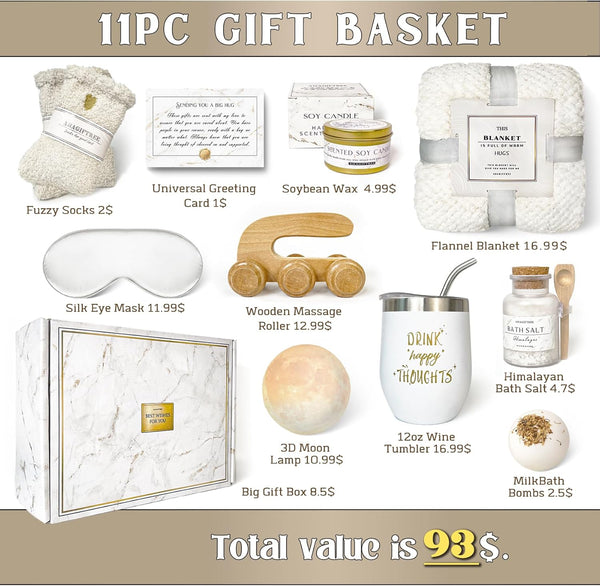 AHAGIFTREE Gift Baskets for Women,11PC Care Package with Moon Lamp,Grief,Get Well Soon After Surgery,Birthday,Think of You,Thank You,Sympathy white