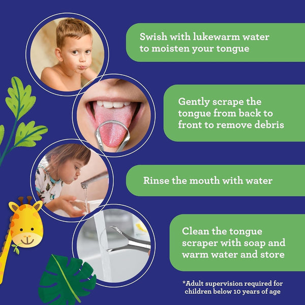 GuruNanda Kids Tongue Scraper (2-Pack) with Travel Case, Stainless Steel, Aids in Fresh Breath - Travel-Friendly Tongue Cleaner