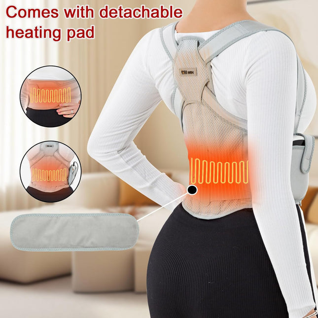 Back Brace Posture Corrector for Women and Men with Detachable Heating Pad - Adjustable Posture Corrector Belt, Relieve 