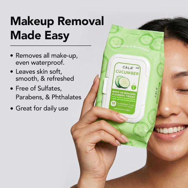 CALA Cucumber Makeup Remover Cleansing Tissues, Removes Makeup + Waterproof Eye Makeup Without Irritation, Deep Cleansing Wipes Leave Skin Soft