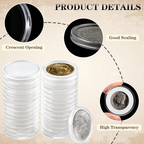 63PCS Silver Dollar Coin Holder, Clear Coin Capsules, Coin Holders for Collectors, Plastic Coin Case for Morgan Silver Dollar, Coin Protectors
