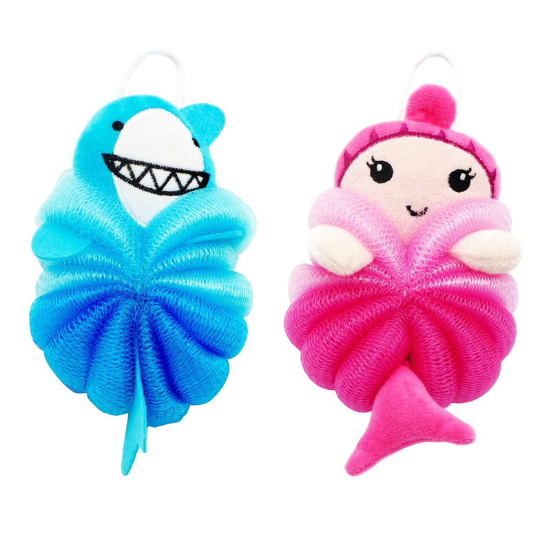 Bath Loofahs,Ttdesefu Body Sponge Loofah,Bath Sponge Shower Puff Soft Loofah Sponge Pouf Exfoliating Mesh Shower Ball (Animal，2 Pcs) (Dark Pink,Blue)