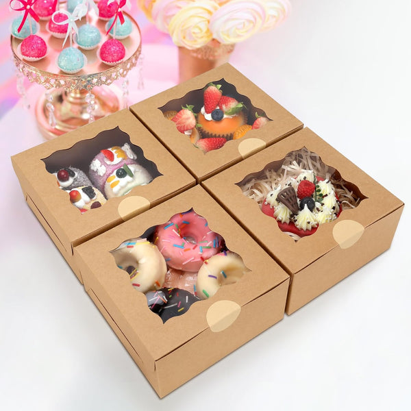 60 pcs Bakery Boxes with Window, 6 x 6 x 3 inches, Kraft Cookie Boxes Pastry Boxes for Baked Goods (Brown)