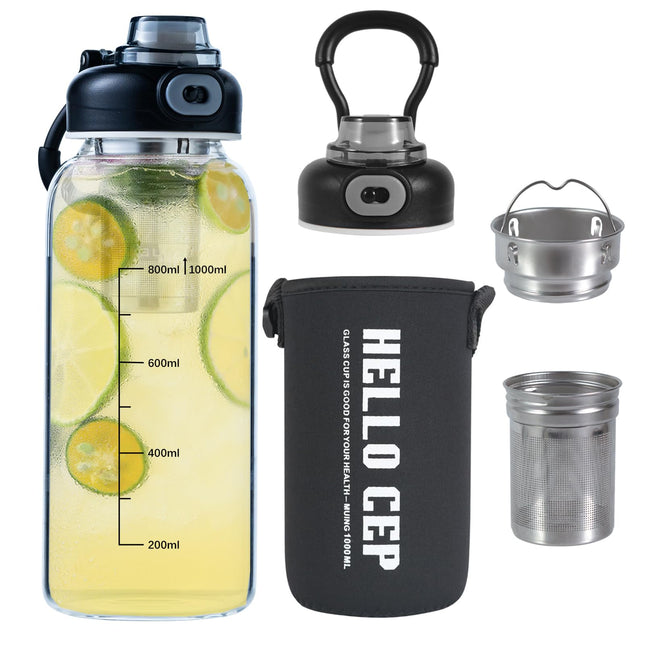 34oz tea bottle with infuser - Large Capacity Glass Water Bottle, With Time Mark, Stainless Steel Tea Strainer,Sleeve, B