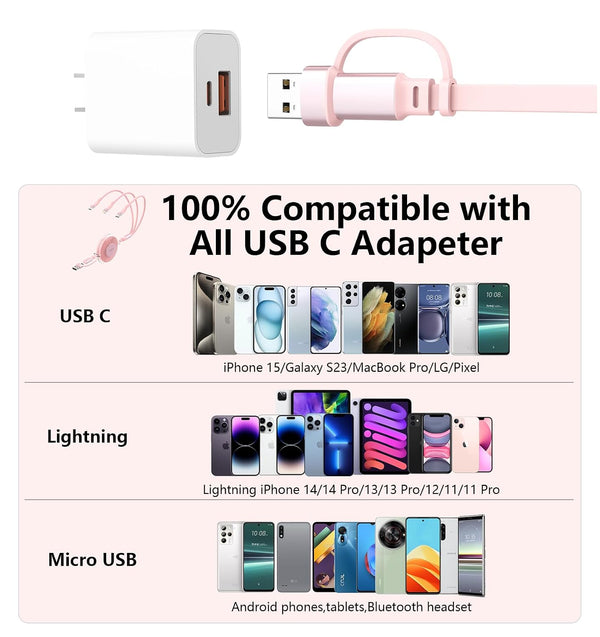 3-in-1 Retractable Multi Charging Cable, 100W Fast Charging USB-C/A to Lightning/USB-C/Micro USB Phone Charger Cord for iPhone 16/15, Samsung,