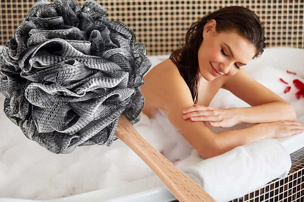 Shower Sponge Loofah Back Scrubber, Soft Mesh Body Scrubber with Wooden Handle, Bath Sponge for Women Kids (Black)