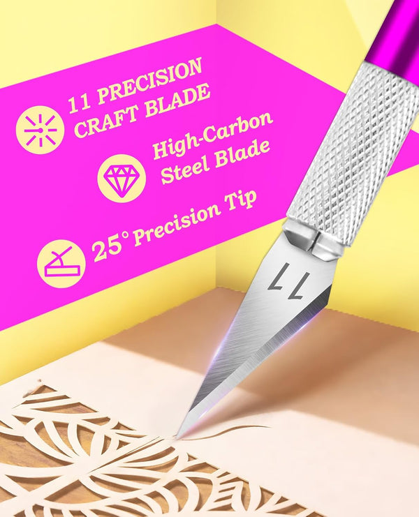 DIYSELF 1 Pcs Craft Hobby Knife Exacto Knife with 11 Pcs Stainless Steel Blade Kit, 1Pcs Steel 15CM Ruler for Art, Scrapbooking, Stencil (Purple)