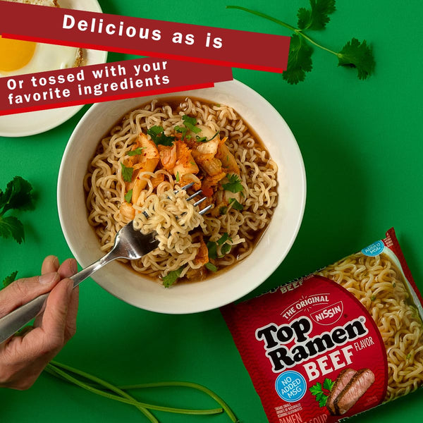 Nissin Top Ramen Noodle Soup, Beef, 3 Ounce (Pack of 24) | Quick, convenient meal ready in minutes with just hot water. Beef 3 Ounce (Pack of 24)