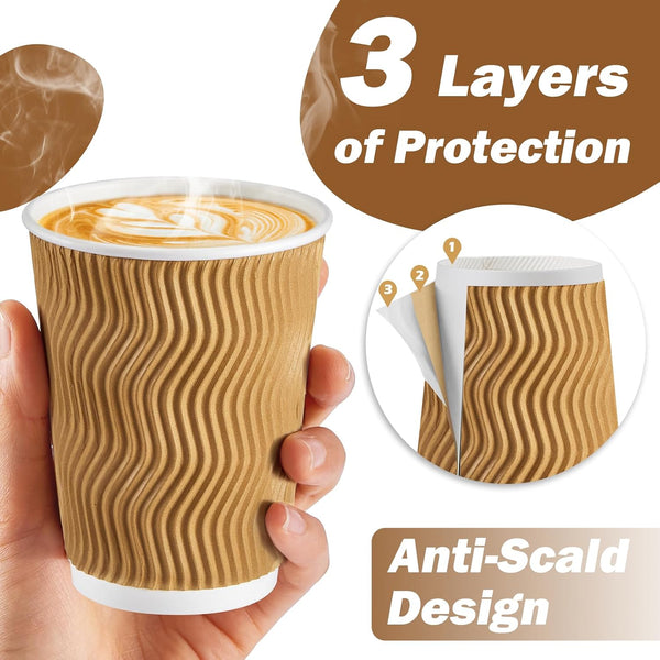 SIUQ Coffee Cups 12 oz 150 Pack, Insulated Ripple Wall Paper Coffee Cups 12 oz, Disposable Coffee Cups, Hot Beverage/Cold Drinking Cups for