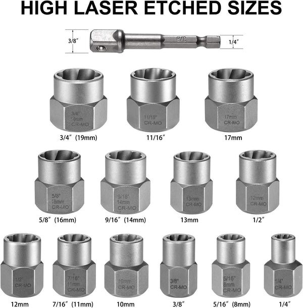 14-Piece Bolt Extractor Kit, 3/8" Drive Impact Bolt & Nut Remover Set | for Damaged, Rusted, Rounded-Off, Stripped Fasteners, 8-19mm, Cr-Mo Steel,