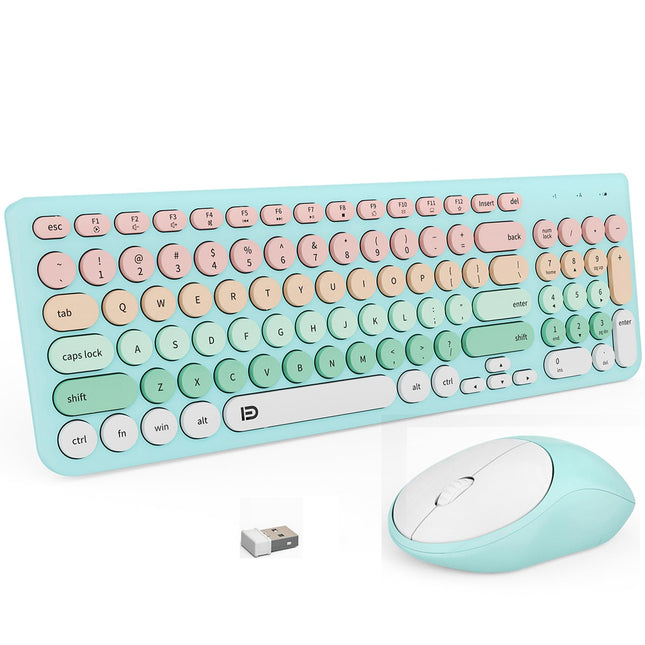 FD Wireless Keyboards and Mouse Combo - 2.4Ghz USB Cordless, Cute Wireless Keyboard round Keys, Quiet and Slim Set for L