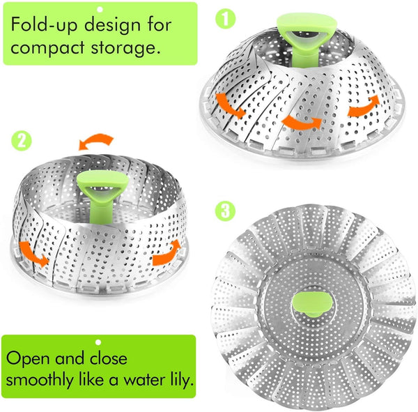 Consevisen Vegetable Steamer Basket for Cooking Food, Stainless Steel Veggie Steam Basket for Pot, Folding Expandable Steaming Insert with