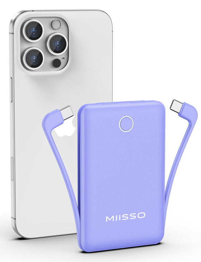Miisso 10000Mah Slim Portable Charger with Built in Cable, Power Bank Travel Charger External Battery Pack for Phone, 4 