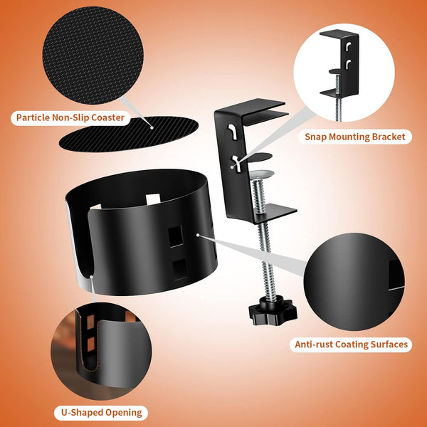 OOKUU Anti-Spill Large Desk Cup Holder Clamp, Metal Table Cup Holder(Black) Black 3.95 inch 1