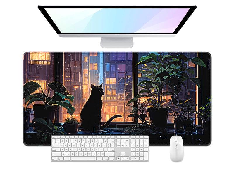 Desk Pad, Large Gaming Mouse Pad, 32" x 16", City Cat | XXXL Extended Waterproof Desk Mat, Non-Slip Rubber Base, Stitched Edges, Desktop Decor for