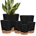 YNNICO Indoor Self Watering Planters with Drainage Holes and Saucers, 8, 7, 6.5, 6, 5.5, 5 Inches, Black, 6 Pots 8+7+6.5+6+5.5+5 inch Black