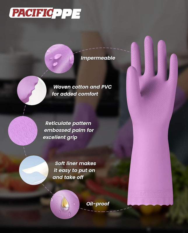 PACIFIC PPE 2 Pairs Dishwashing Cleaning Gloves with Latex Free, Cotton Lining, 