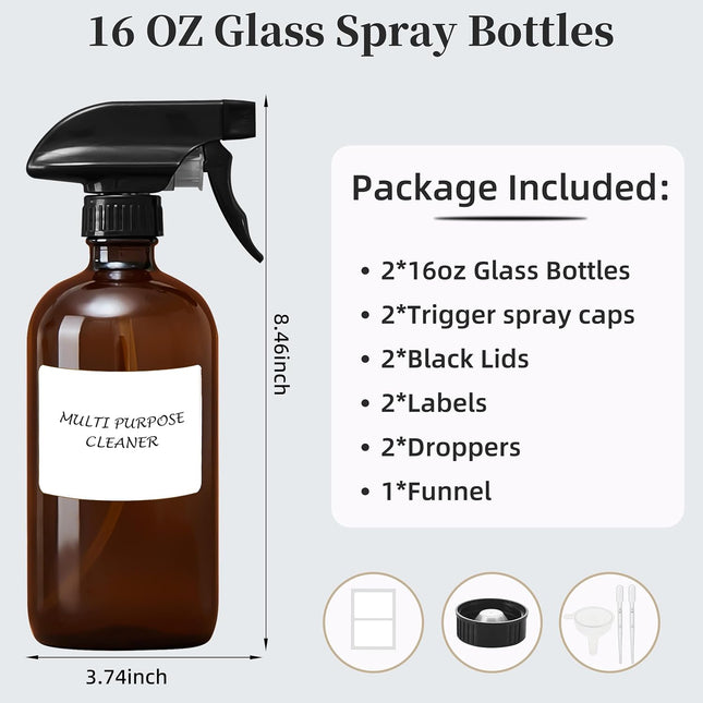 Empty Amber Glass Spray Bottles with Adjustable Nozzle - Large 16 Oz Refillable 