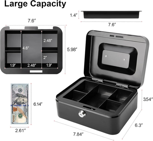 Jssmst Locking Medium Steel Cash Box with Money Tray,Lock Box,Black