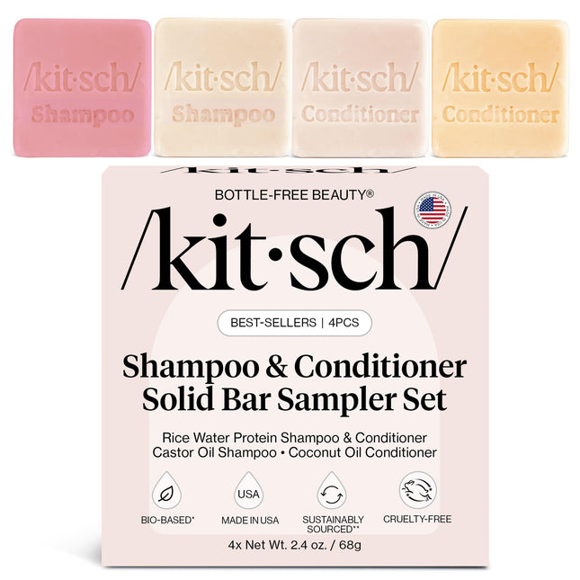 Kitsch 4Pc Sampler Solid Shampoo and Conditioner Set - Rice Bar & Castor Oil Sha