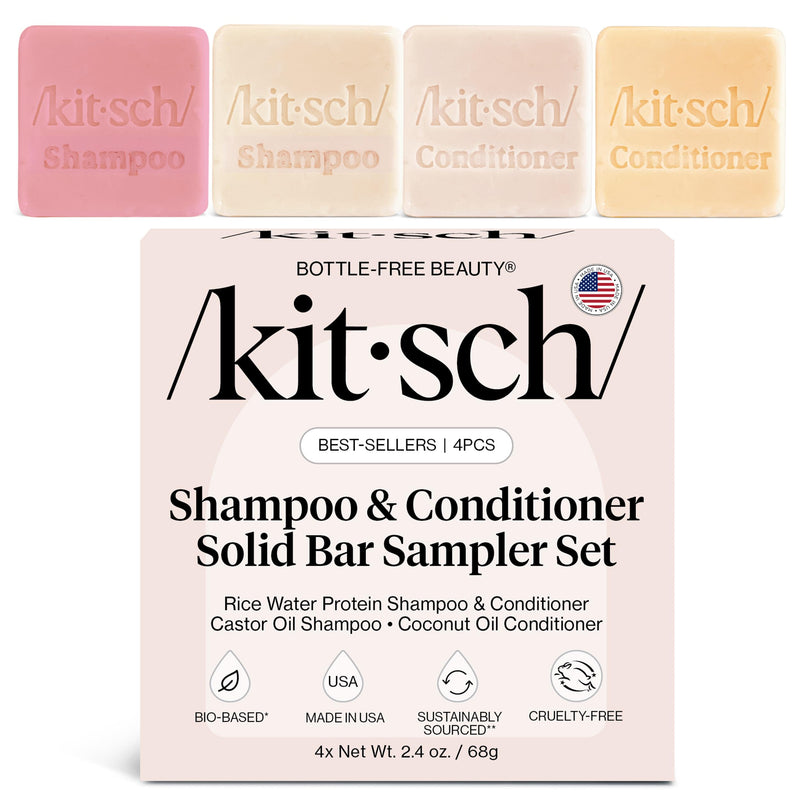 Kitsch 4Pc Sampler Solid Shampoo and Conditioner Set - Rice Bar & Castor Oil Shampoo and Rice Bar & Coconut Oil Deep-Moisturizing Hair