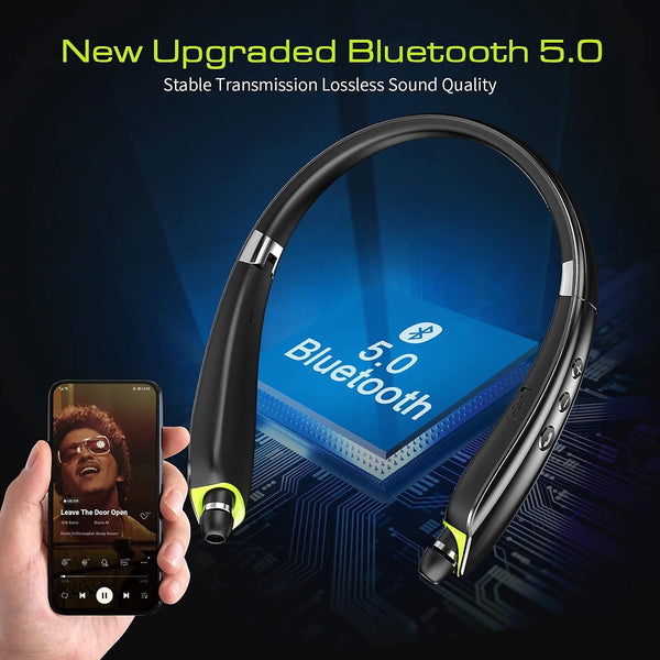 Bluetooth Headset, 2025 Upgraded Neckband Bluetooth Headphones with Retractable Earbuds, Noise Cancelling Stereo Earphones with Mic, Foldable