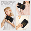 Personalized Small Preppy Makeup Bag, Chenille Letter Black Initial Cosmetic Zipper Pouch Toiletry Organizer, Waterproof PU Leather Make Up
