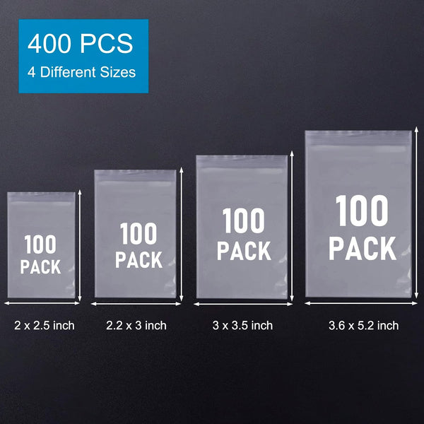 Small Plastic Bags, 400 PCS Mini Baggies, 4 Assorted Sizes, Transparent Jewelry Bag, Mini Bag, Resealable Poly Bags for Pill, Beads, Screws, Packaging
