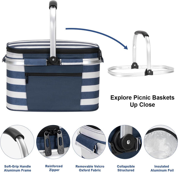 ALLCAMP Picnic Basket - Insulated Cooler, Thickening Foldable Picnic Basket with Removable Baskets & Sewn-in Frame, Basket for House Warming Gifts