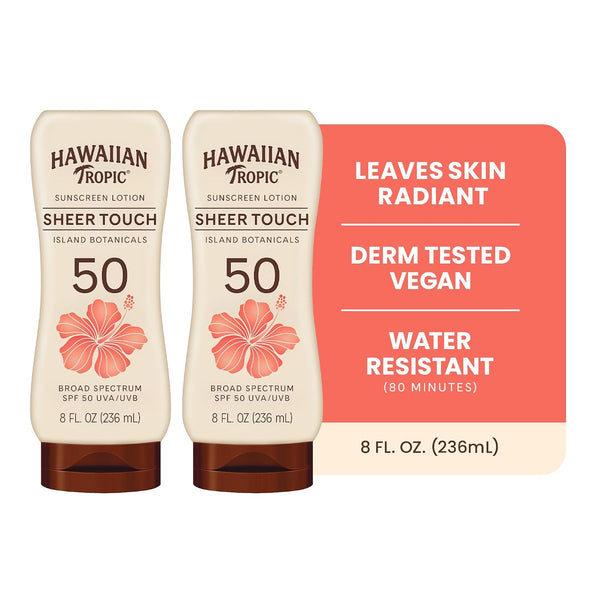 Hawaiian Tropic Sheer Touch Ultra Radiance Lotion Sunscreen SPF 50, 8 Fl Oz Twin Pack, Hawaiian Tropic Sunscreen SPF 50, Sunblock, Oxybenzone Free