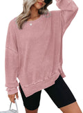 Dokotoo Sweatshirt for Women Oversized Waffle Knit Crewneck Sweatshirts Long Sleeve Side Slits Casual Pullover Tops Small Pink