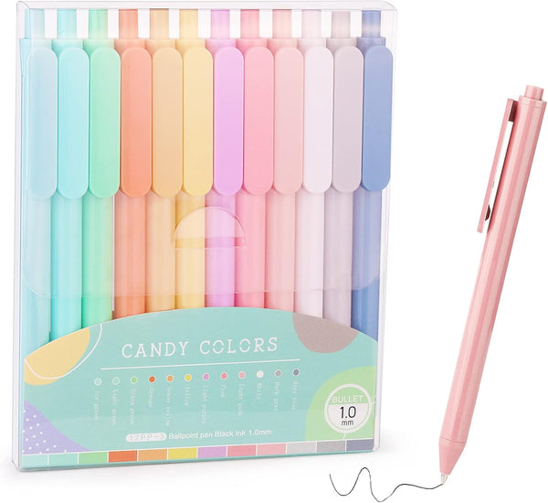 WY WENYUAN 12-Pcs Ballpoint Pens, Comfortable Writing, Pastel Retractable Pretty Journaling, Black Ink Medium Point 1.0 Mm Gift, Cute Office