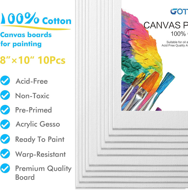 GOTIDEAL Canvas Boards, 8X10 Inch Set of 10,Gesso Primed White Blank Canvases fo