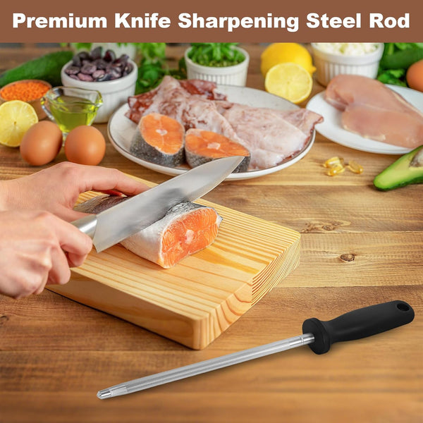 12 Inches Knife Sharpening Steel Rod, High Carbon Steel Honing Rod with 9 Inches Sharpening Steel and Ergonomic PP Handle, Premium Kitchen Knife