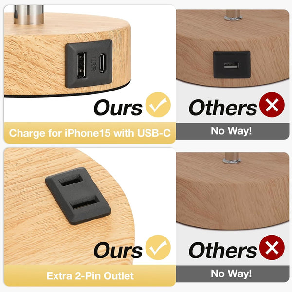 Fenmzee Bedside Table Lamp for Bedroom - 3 Way Dimmable Touch Lamp USB C Charging Ports and AC Outlet, Small Lamp Wood Base Round Flaxen Fabric