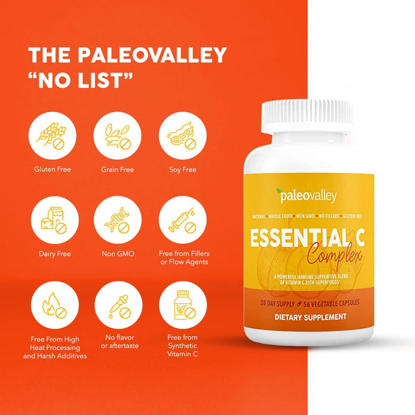 Paleovalley Essential C Complex - Vitamin C Supplement for Immune Support - 1 Pack, 450Mg - Organic Superfoods Unripe Acerola Cherry, Camu Camu,