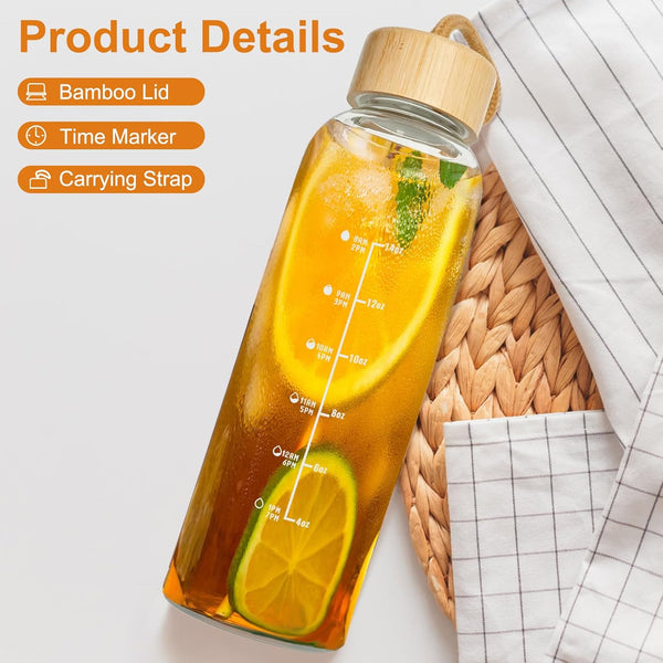 Glass Bottles with Lids and Time Marker, Glass Water Bottles with Carrying Strap, 17Oz Glass Bottles for Juicing for Office, Gym